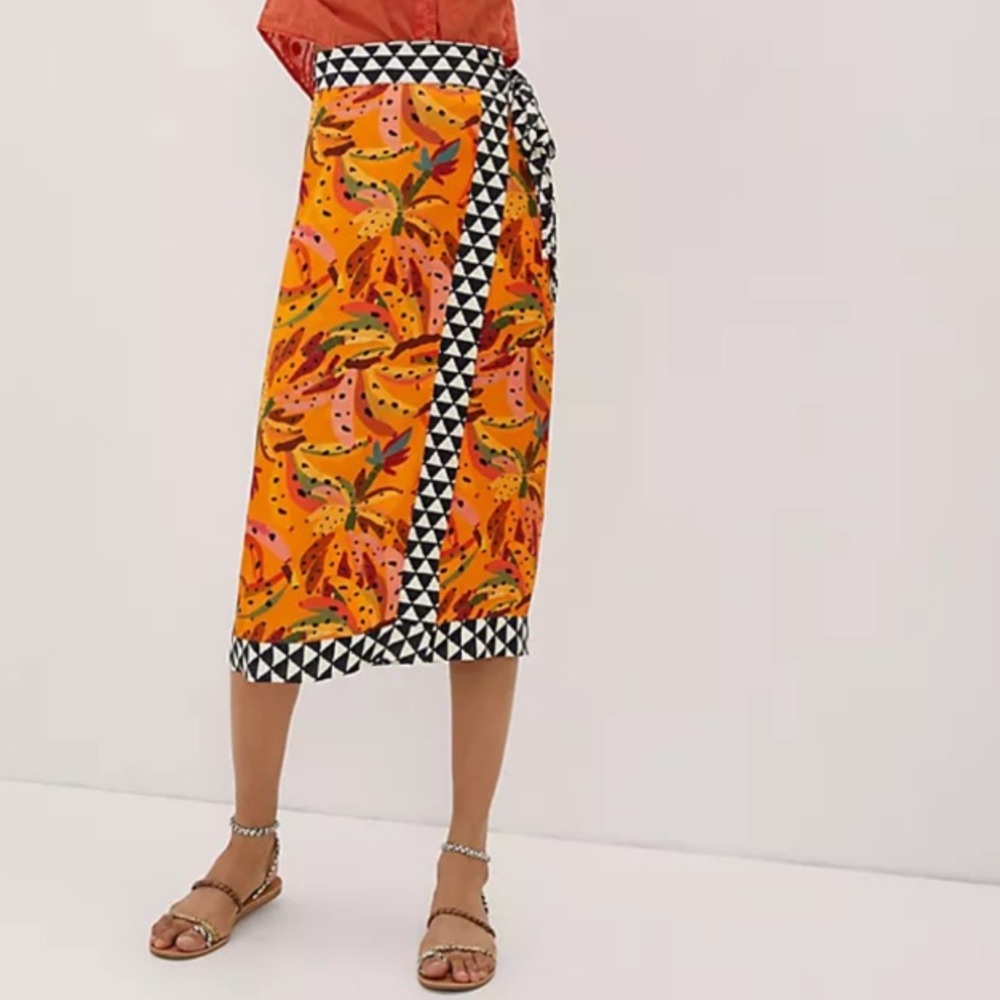 Farm Rio Banana Print Contrast Vibrant Orange Patterned Midi Wrap Skirt Size XS
